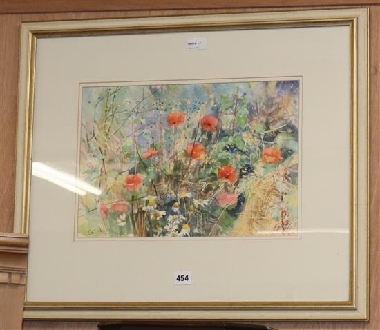 Graham Painter (XX-XXI century), Poppies and daisies in a meadow, signed l.l, dated 1991 on label verso, watercolour, 27.5 x 41cm